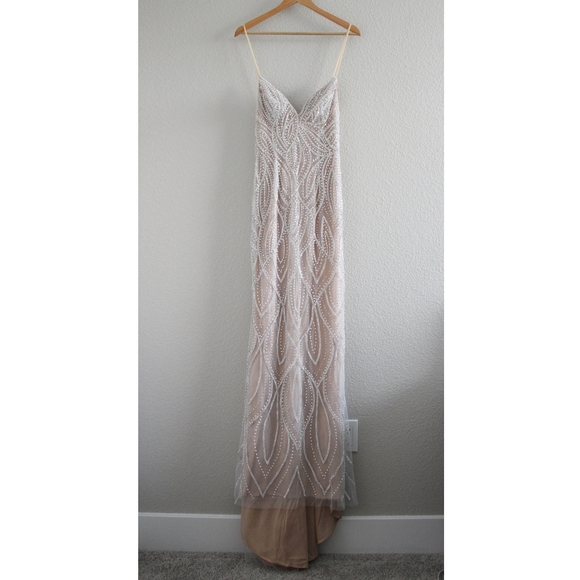 Luxe of a Lifetime Beige Beaded Mermaid Maxi Dress - Picture 4 of 13